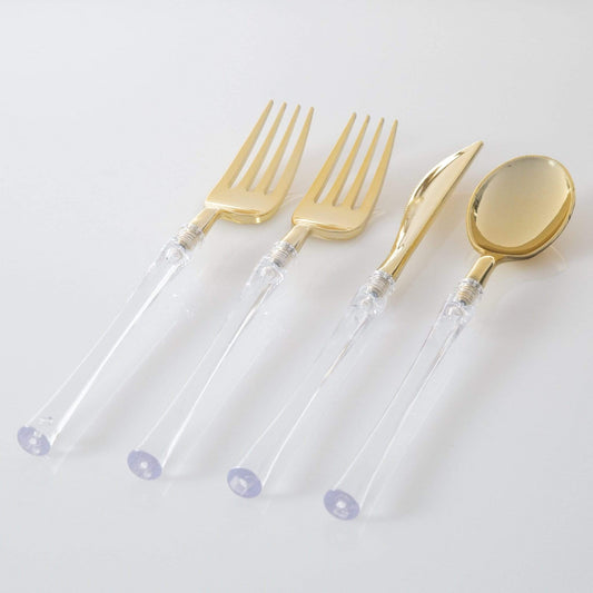 Neo Classic Clear and Gold Plastic Cutlery Set | 32 Pieces