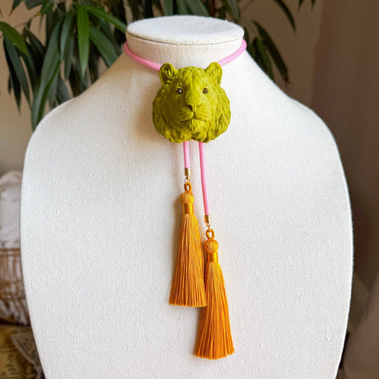 Lion/Tiger Bolo Olive Green with Bubblegum Pink & Golden Yellow Necklace
