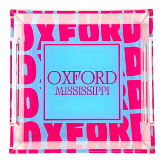 Decorative tray with 'Oxford Mississippi' text on a pink and blue patterned background