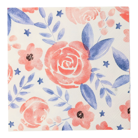 Red and Blue Watercolor Floral Paper Cocktail Napkin 40ct