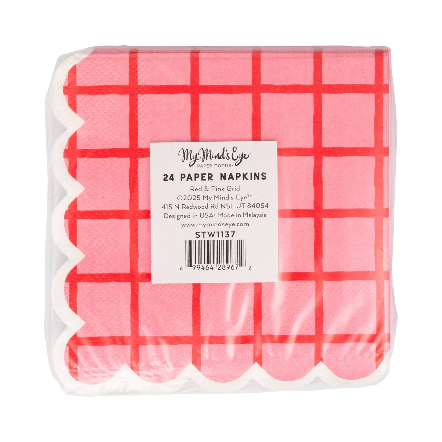 Red and Pink Grid Cocktail Napkin