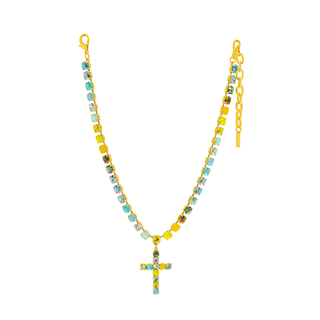 Necklace with colorful beads and a cross pendant on a white background