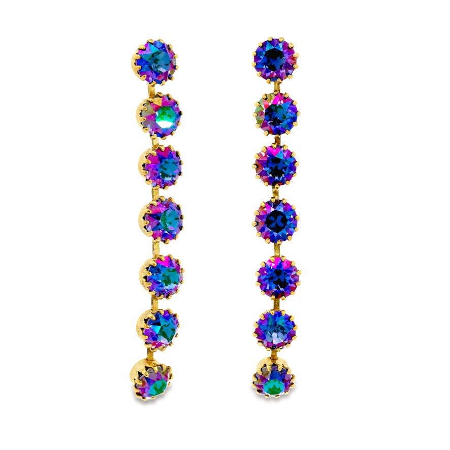 Multicolored gemstone earrings on a white background