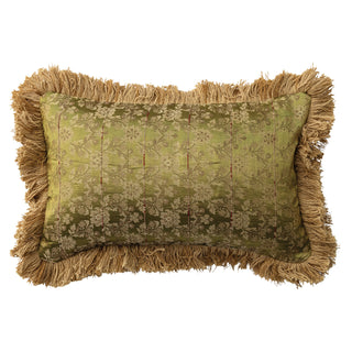 Fabric Blend Jacquard Lumbar Pillow w/ Brocade Pattern, Fringe & Velvet Back