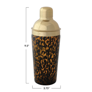 Cocktail shaker with gold top and leopard print base, shown with dimensions on a white background.