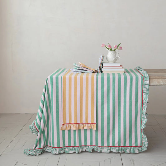 Green Ric Rac Ruffle Cotton Striped Tablecloth