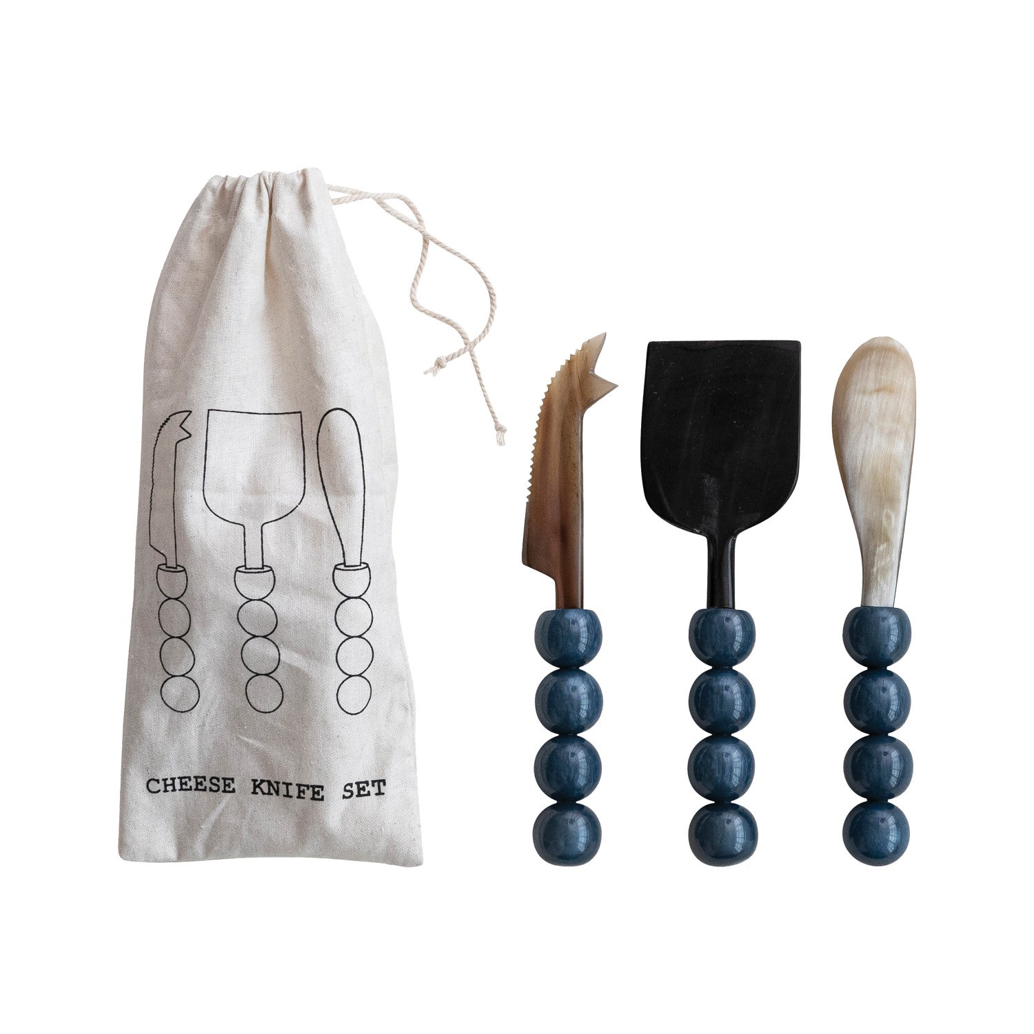 Natural Horn Cheese Knives with Resin Handles, Set of 3 in Bag (Each One Will Vary)