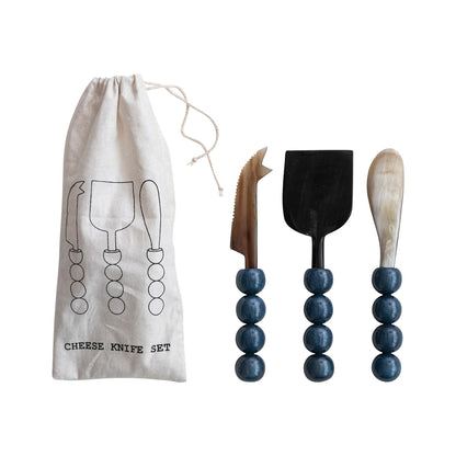 Natural Horn Cheese Knives with Resin Handles, Set of 3 in Bag (Each One Will Vary)