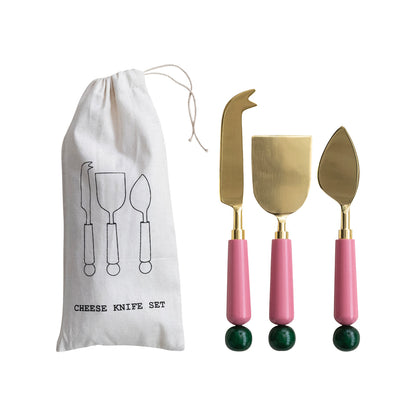 Stainless Steel Cheese Knives with Resin Handles, Gold Finish, Set of 3 in Drawstring Bag
