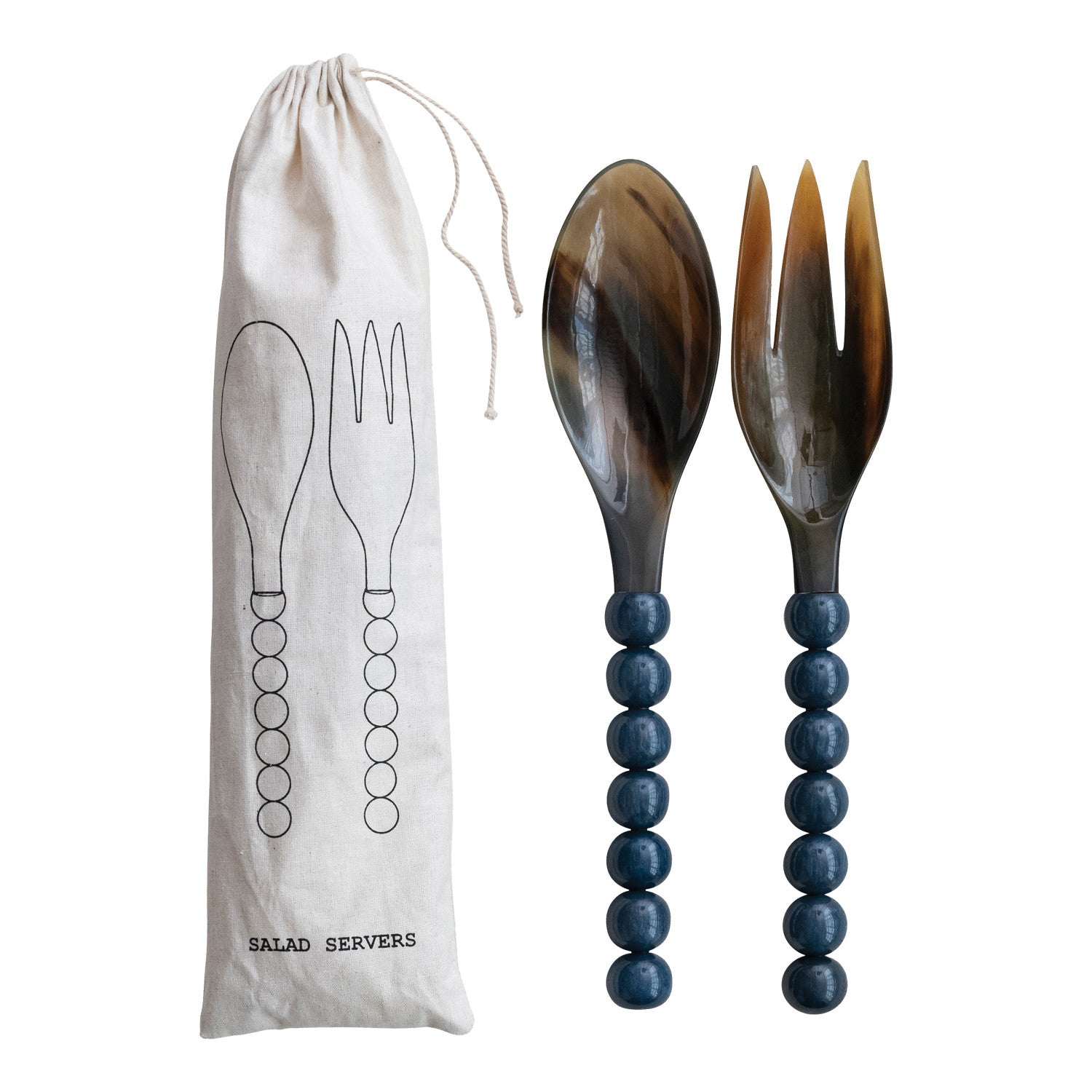 Natural Horn Salad Servers with Resin Handles, Set of 2 in Bag (Each One Will Vary)