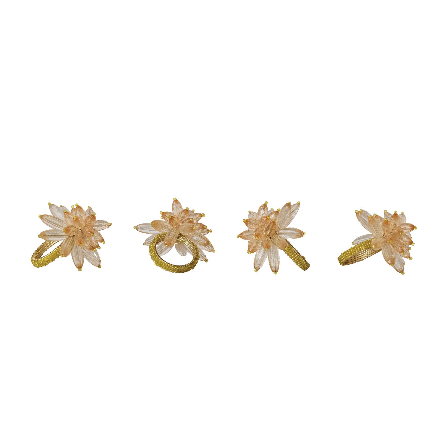 Handmade Acrylic & Glass Beaded Flower Napkin Rings, Set of 4 Tied with Gold Cord
