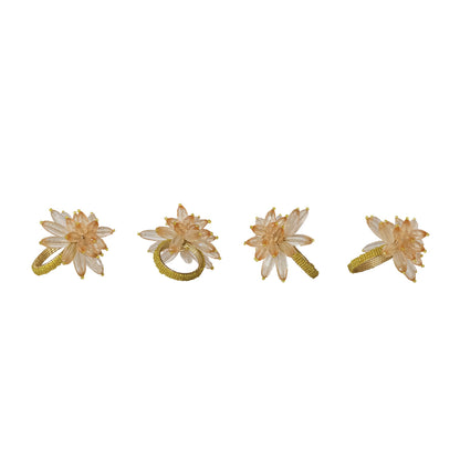 Handmade Acrylic & Glass Beaded Flower Napkin Rings, Set of 4 Tied with Gold Cord