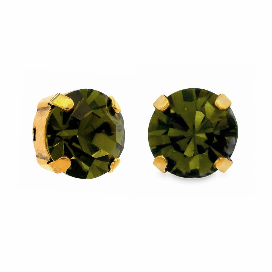 Green gemstone stud earrings with gold settings on a white background