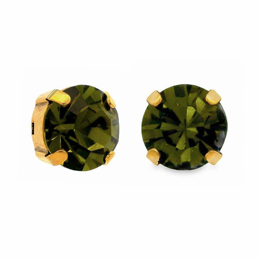 Green gemstone stud earrings with gold settings on a white background