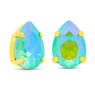 Teardrop-shaped earrings with green gemstones and gold accents on a white background