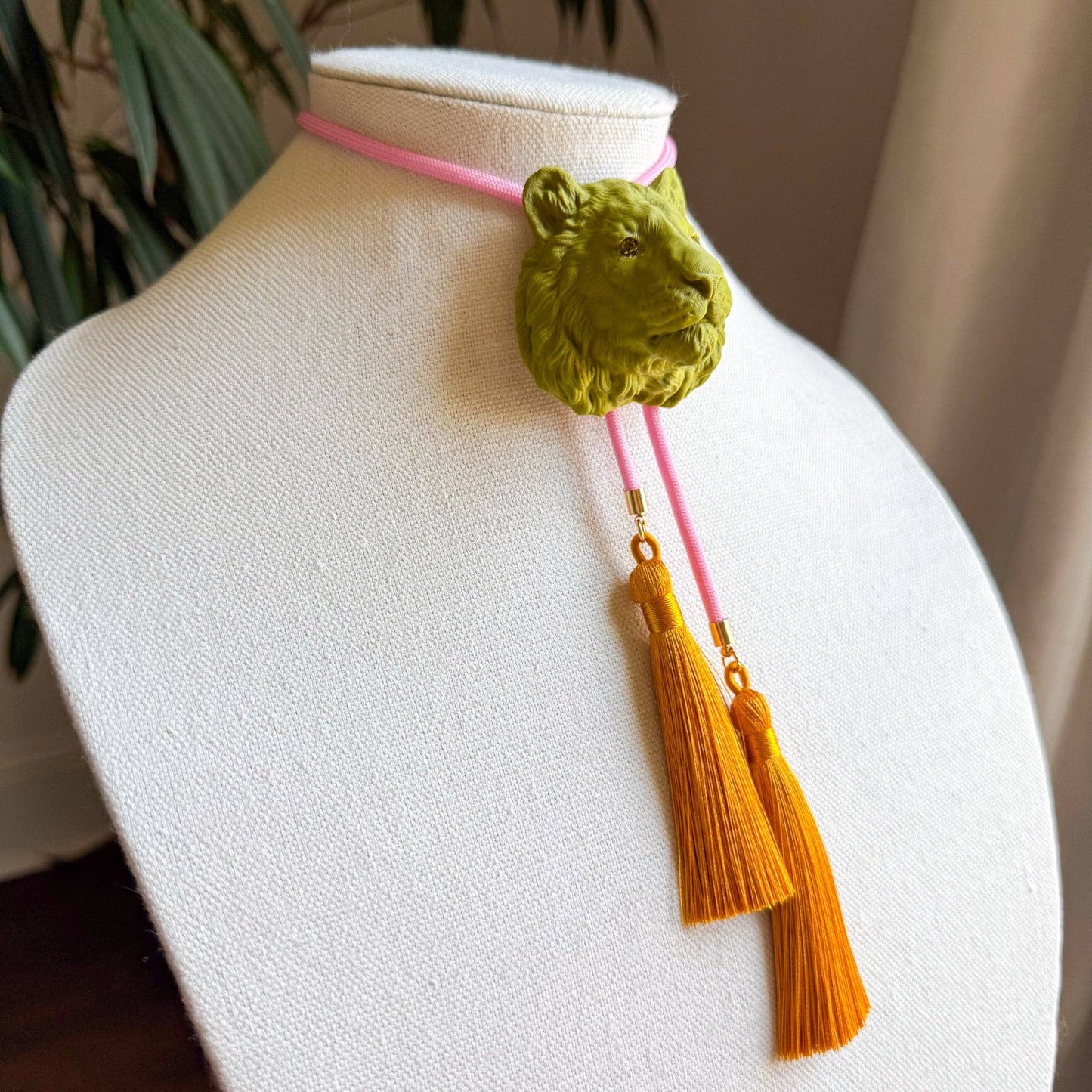 Lion/Tiger Bolo Olive Green with Bubblegum Pink & Golden Yellow Necklace