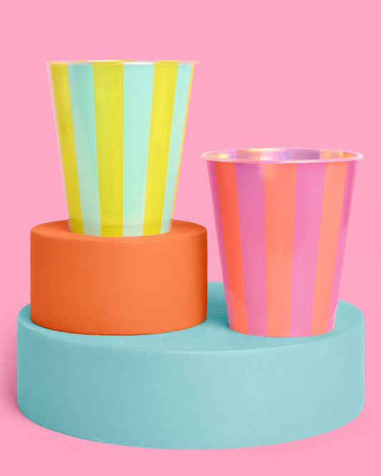 Pool Party Striped Cups Set of 16 | Pink Green Iridescent