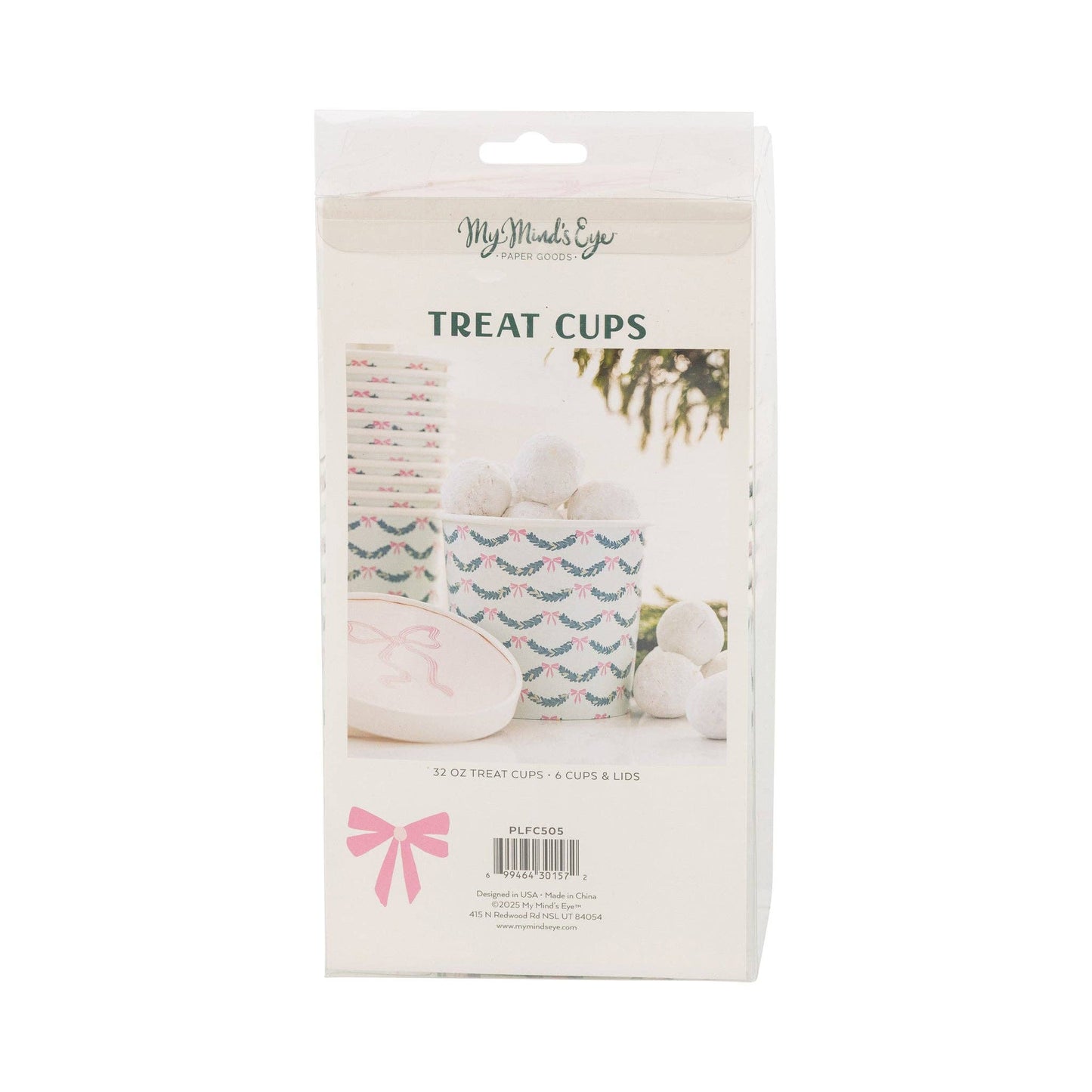 Pink Bow Garland Take Out Treat Cups 32 oz/6ct