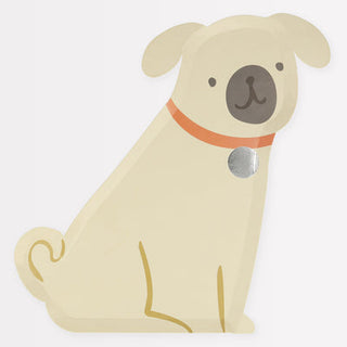 A plate featuring an illustration of a pug dog with an orange collar.