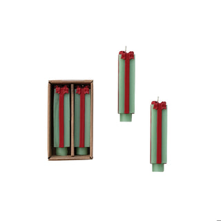 Short Green & Red Gift Shaped Taper Candles, Set of 2