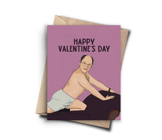 A Valentine's Day card featuring an illustration of a character from the TV show Seinfeld, with the text 'Happy Valentine's Day' at the top.